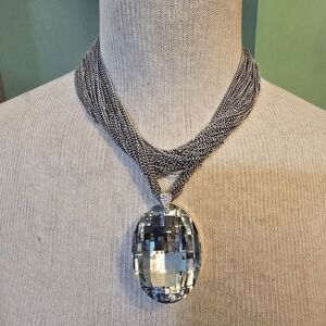 Elegant Silver Multi-Strand Necklace with Crystal Pendant Set